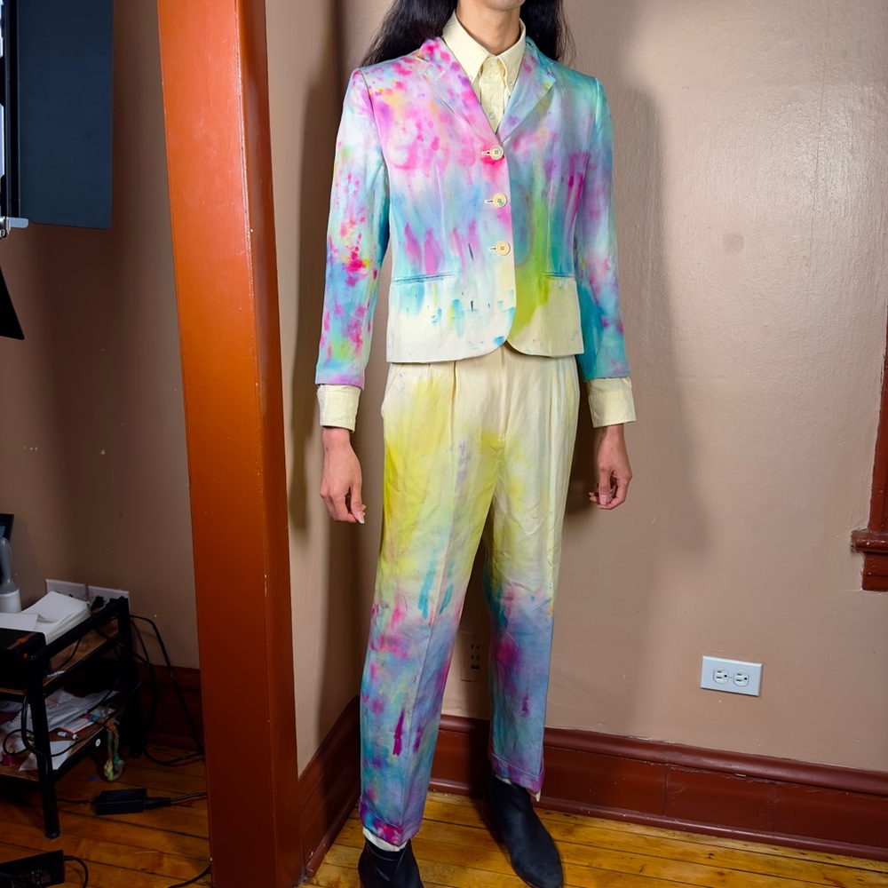 Party Dyed Suit Vintage Painted Blazer Rainbow Boho Jacket Funky Y2K Pants Chic - Picture 15 of 16
